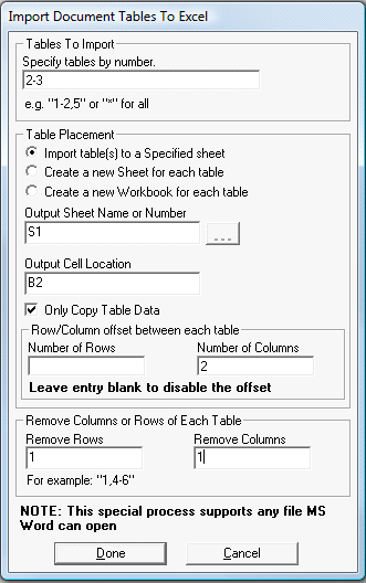 Import tables from doc, html, xml, rtf, wpd etc into a XLS worksheet(s)/workbook(s)